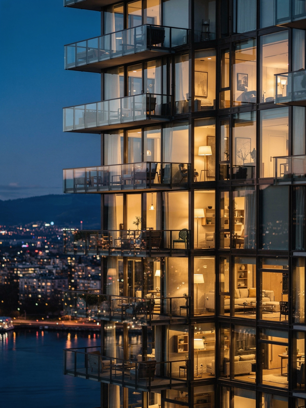 A modern Vancouver glass residential tower at dusk, warm-lit suites visible through floor-to-ceiling glass, the city glow and Coal Harbour water behind