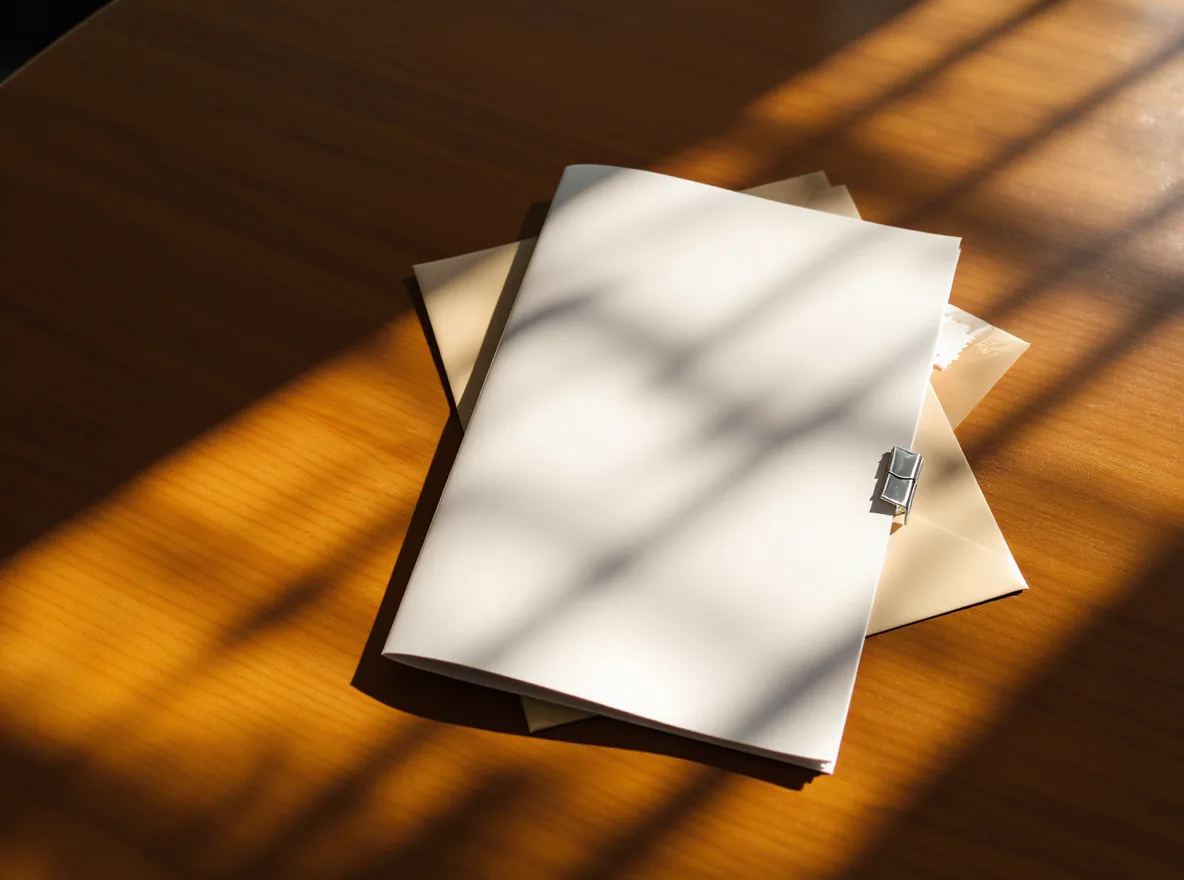 Blank council packet papers and a binder clip in warm light