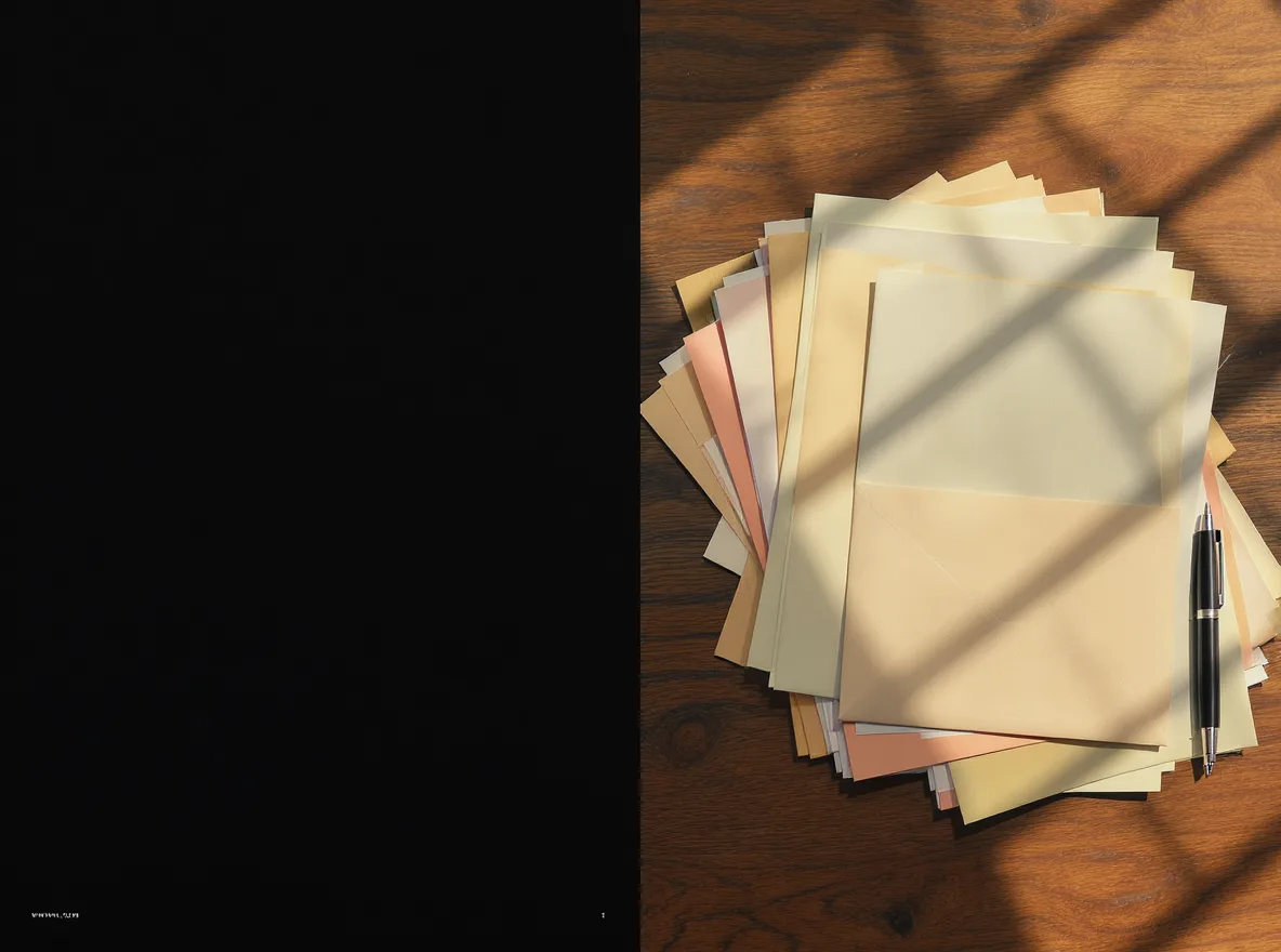 A blank envelope, folders, and pen on a council table