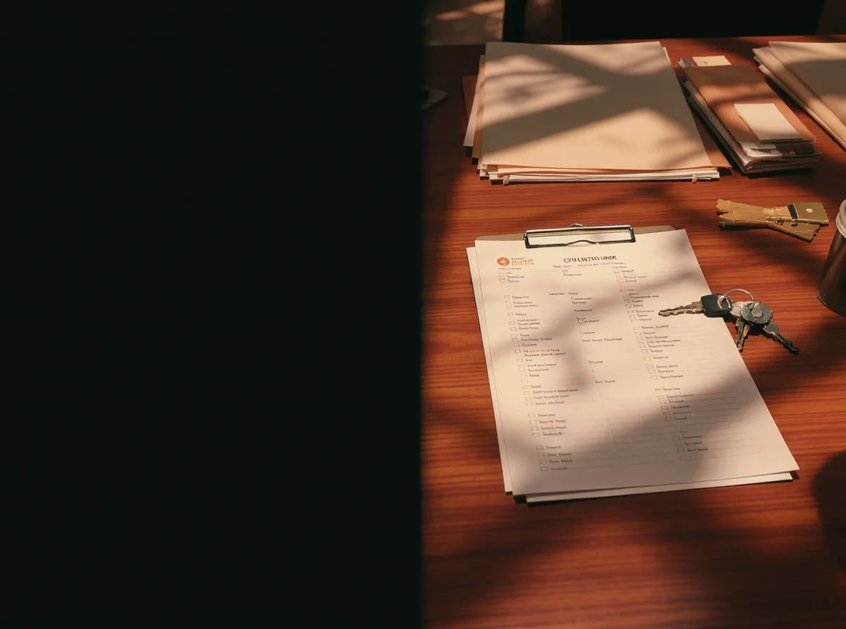 A transition checklist, keys, and council papers on a warm table