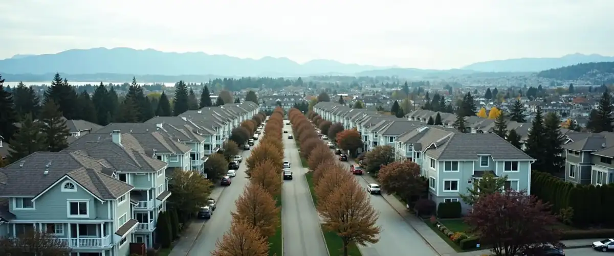 An aerial view of a BC townhouse community, tree-lined streets and mountains beyond
