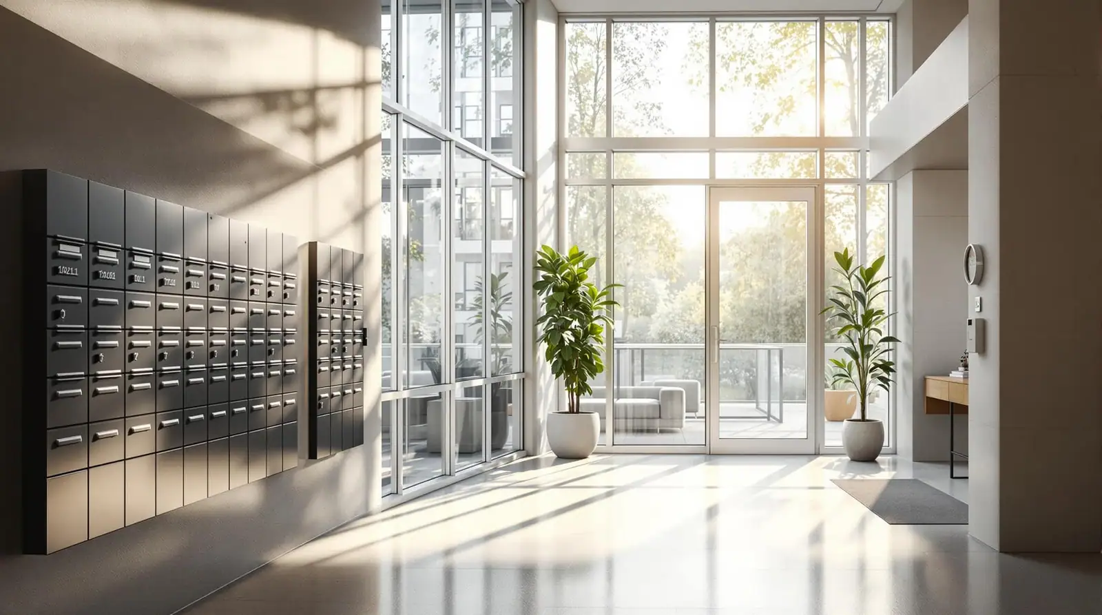A bright, well-run building lobby