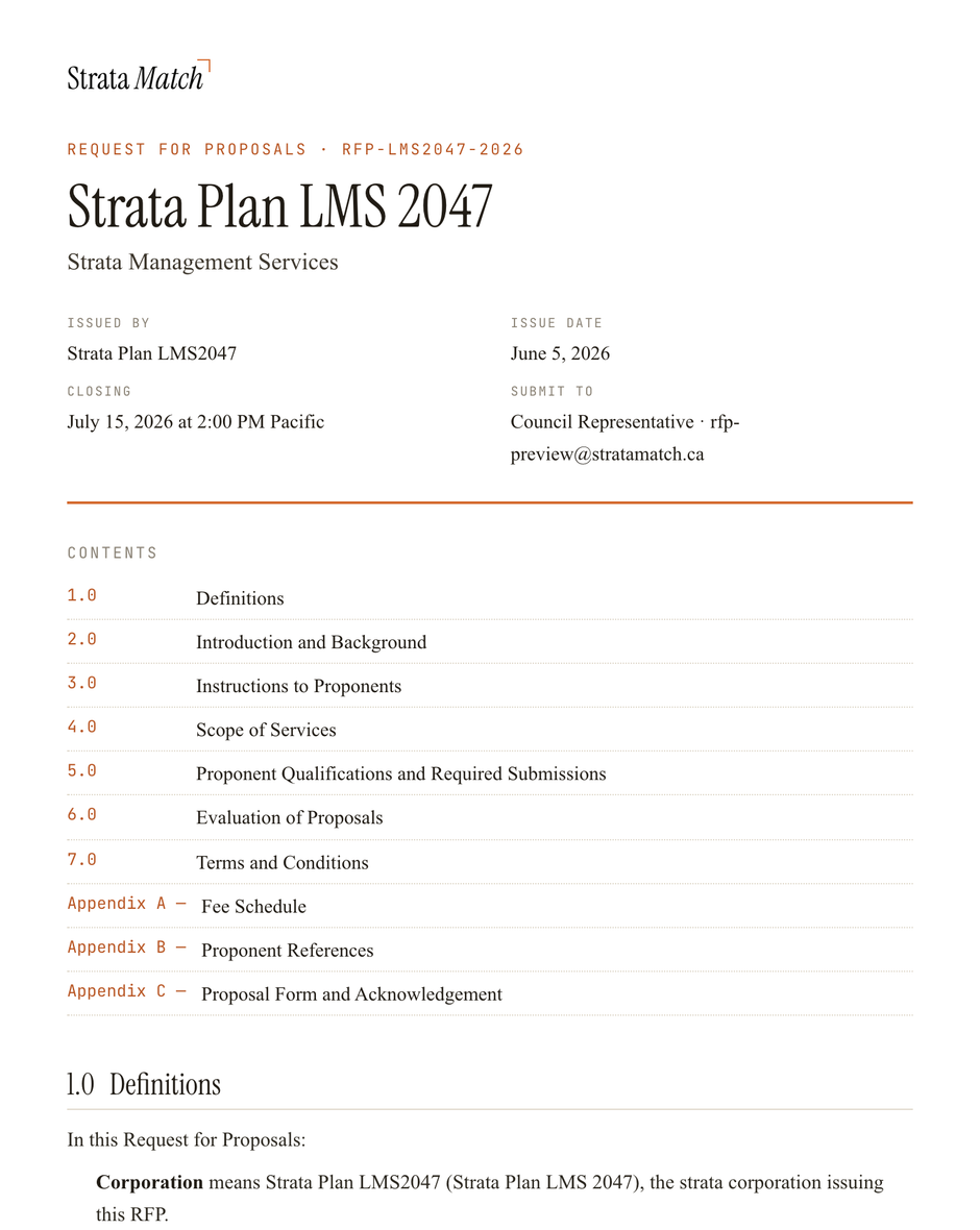 Example Strata Match RFP document generated from council answers